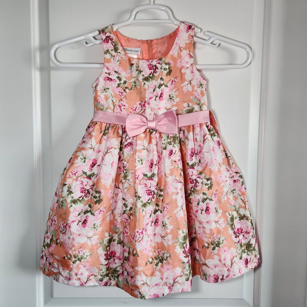 Bonnie Jean Girls Size 5 Pink Floral Dress Peach Green Slip w/ Bow Easter Party